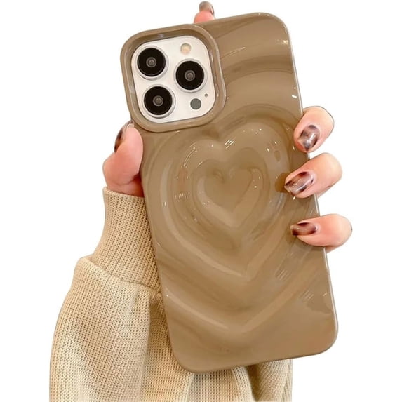 Love Heart 3D Solid Color Aesthetic Curly Wave Soft TPU Case for Women Girls Compatible with iPhone Case (Coffee,iPhone 15 Pro Max)