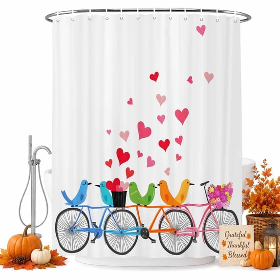 Love Heart Birds Bike Shower Curtain, Waterproof Shower Curtains for Bathroom, Farmhouse Floral Spring Washable Fabric Bathtub Curtain Set Bath Decor with 12 Hooks Long 72"x84"