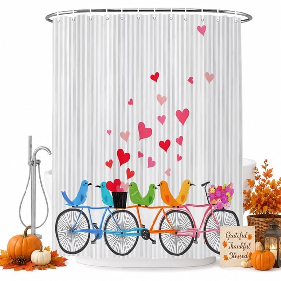Love Heart Birds Bike Shower Curtain, Waterproof Shower Curtains for Bathroom, Striped Grey Farmhouse Washable Fabric Bathtub Curtain Set Bath Decor with 12 Hooks Standard 72"x72"