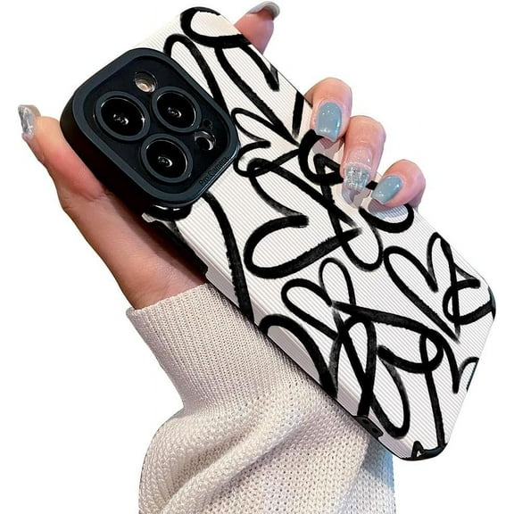 Love Heart Black and White Simple Design Graffiti Silicone Case Compatible with iPhone Case (iPhone 14 Pro Max)