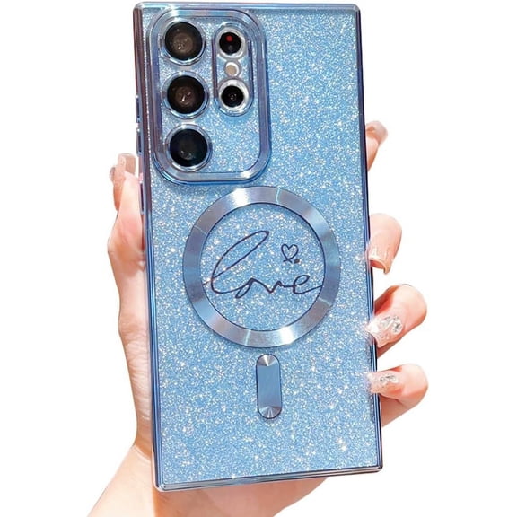 Love Heart Bling Glitter  [Compatible with MagSafe Wireless Charging] TPU Case Compatible with Samsung Galaxy Case (Galaxy S21,Blue)