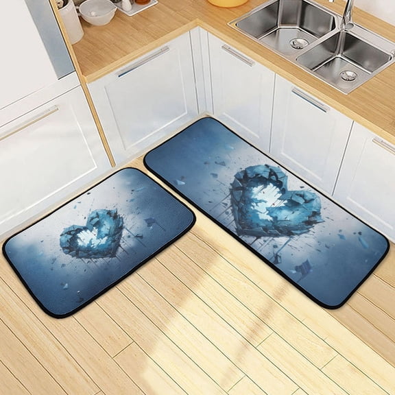 Love Heart Blue Kitchen Rugs Set of 2 Non Slip Floor Foam Mat Cushioned Soft Waterproof Carpet Runner for Dining Room Laundry
