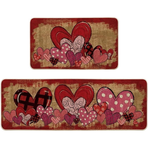Love Heart Buffalo Plaid Valentine''s Day Kitchen Mats Set of 2, Home Decor Low-Profile Kitchen Rugs for Floor - 17x29 and 17x47 Inch