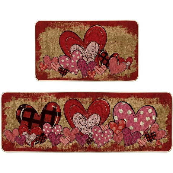 Love Heart Buffalo Plaid Valentine''s Day Kitchen Mats Set of 2, Home Decor Low-Profile Kitchen Rugs for Floor - 17x29 and 17x47 Inch