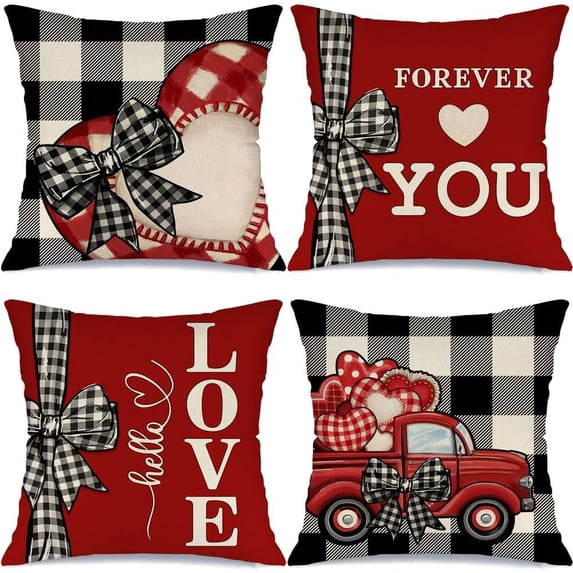 Love Heart Buffalo Plaid Valentines Day Pillow Covers 16x16 Set of 4 Farmhouse Valentines Day Decorations Truck Valentine Hearts Throw Cushion Case for Home Sofa Couch