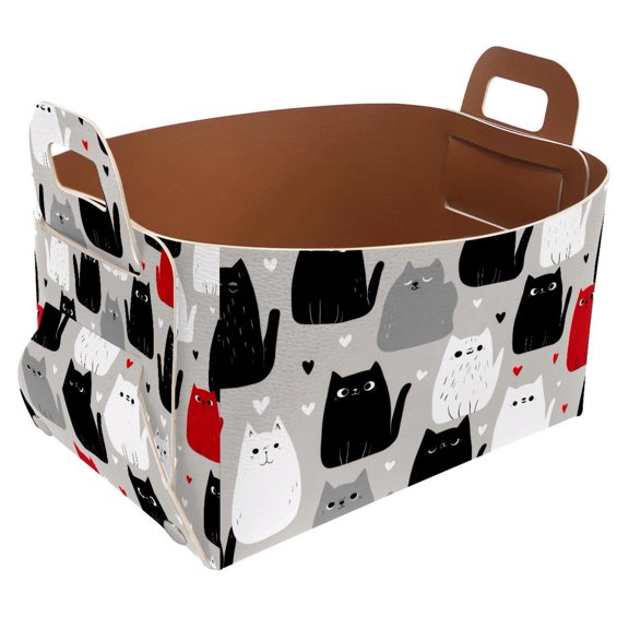 Love Heart Cartoon Cats Storage Basket Collapsible Storage Bin, PU Foldable Basket Convenient Box Storage Organizer with Handles for Shelves Office Bedroom Closet Nursery Toys Laundry