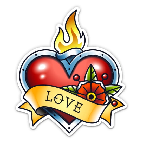 Love Heart Classic Tattoo Style - 3" Vinyl Sticker - For Car Laptop Water Bottle Phone - Waterproof Decal
