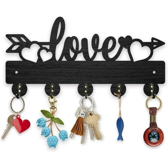 Love Heart Coat Hooks Wall Mount Love Arrow Wood Key Holder for Wall 11.8×7.9inch Black Wall Art Decor Key Hooks 5 Alloy Hooks for Gift Entryway Living Room Kitchen Office
