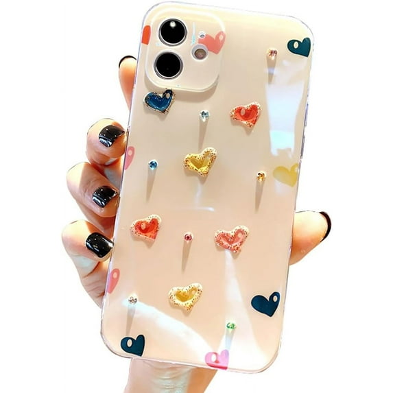 Love Heart Colorful Glossy TPU Case Compatible with iPhone Case (White,iPhone 12)