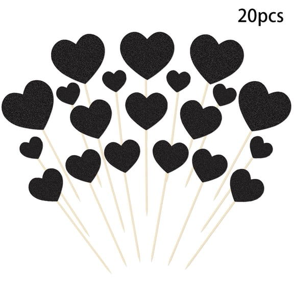 Love Heart Cupcake Toppers 20Pcs Glitter Sweet Love Cupcake Picks Engagement Cake Decorations for Valentine's Day Birthday Party Supplies (Black)