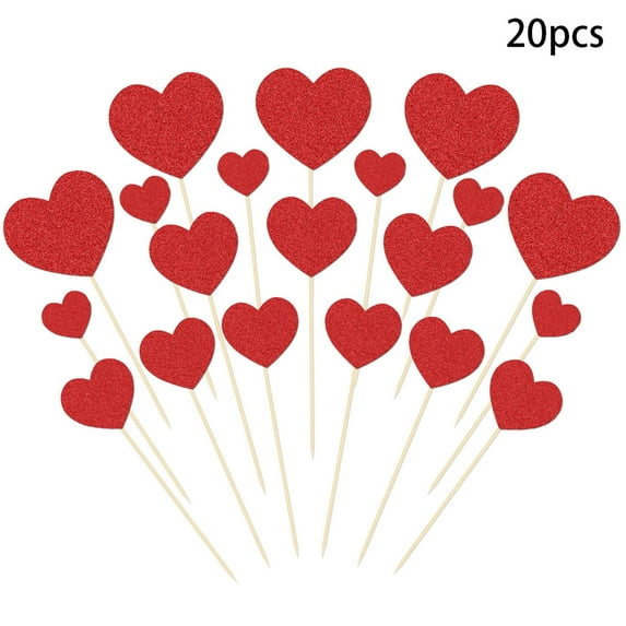 Love Heart Cupcake Toppers 20Pcs Glitter Sweet Love Cupcake Picks Engagement Cake Decorations for Valentine's Day Birthday Party Supplies (Red)