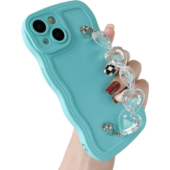 Love Heart Curly Wave Frame Wrist Strap Chain Bracelet Soft Compatible with iPhone Case (Blue,iPhone 14)