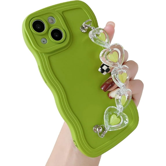 Love Heart Curly Wave Frame Wrist Strap Chain Bracelet Soft Compatible with iPhone Case (Green,iPhone Xs Max)