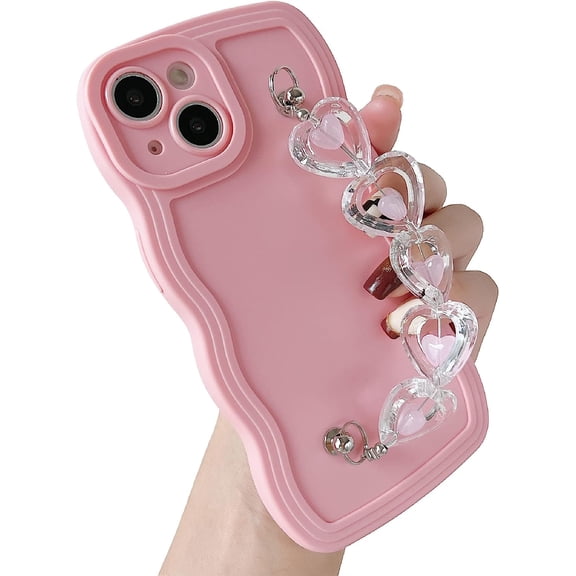 Love Heart Curly Wave Frame Wrist Strap Chain Bracelet Soft Compatible with iPhone Case (Pink,iPhone 11)