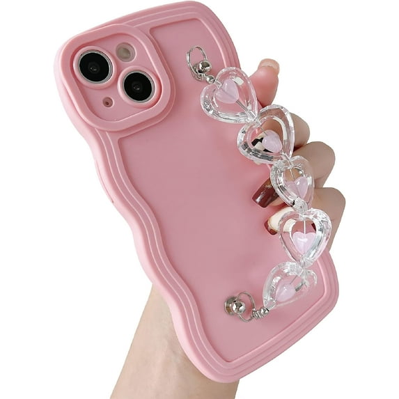 Love Heart Curly Wave Frame Wrist Strap Chain Bracelet Soft Compatible with iPhone Case (Pink,iPhone 12)