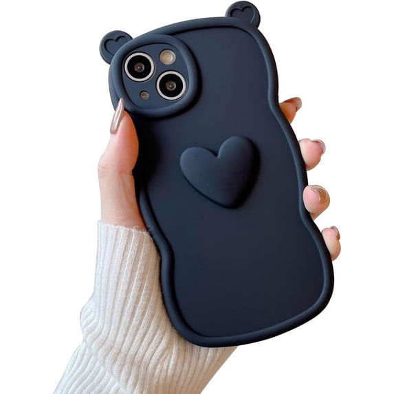 Love Heart Cute Bear Wave Solid Color Frosted Soft Case Compatible with iPhone Case (iPhone 12 Pro,Black)