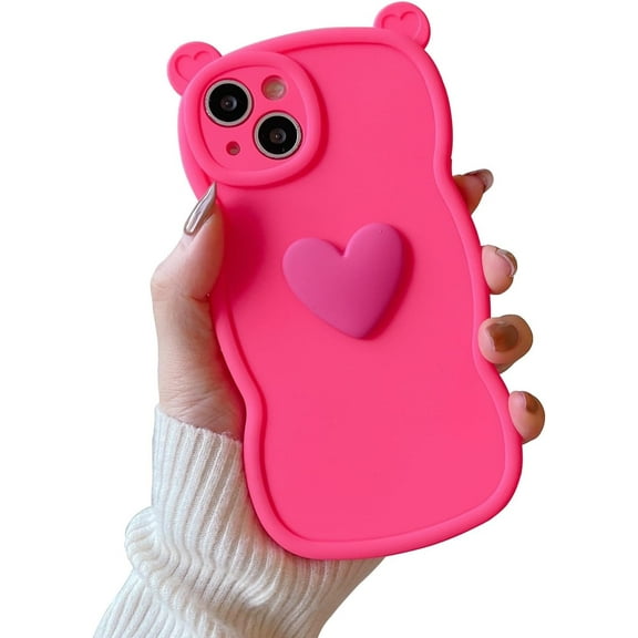 Love Heart Cute Bear Wave Solid Color Frosted Soft Case Compatible with iPhone Case (iPhone 12,Rose Red)