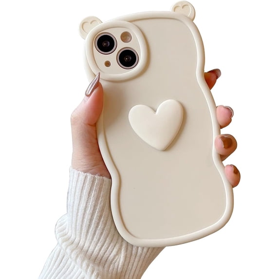 Love Heart Cute Bear Wave Solid Color Frosted Soft Case Compatible with iPhone Case (iPhone 14,White)