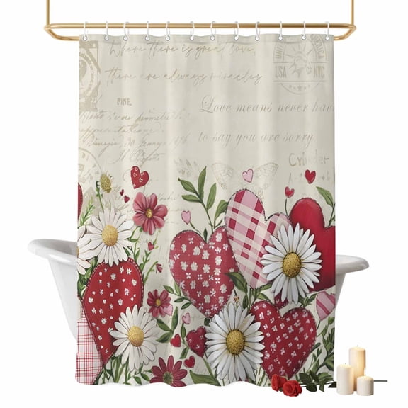 Love Heart Daisy Leaf Bathroom Shower Curtain, Valentine's Day Old Newspapers Waterproof Washable Soft Bath Curtain for Bathtub Decor with 12 Hooks&Grommet, 48x72 Inch