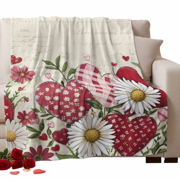 Love Heart Daisy Leaf Fleece Throw Blanket Lightweight Valentine's Day Fuzzy Flannel Throws Super Soft Cozy Flannel Blanket for Couch, Sofa, Bed, Travel 40"x50"