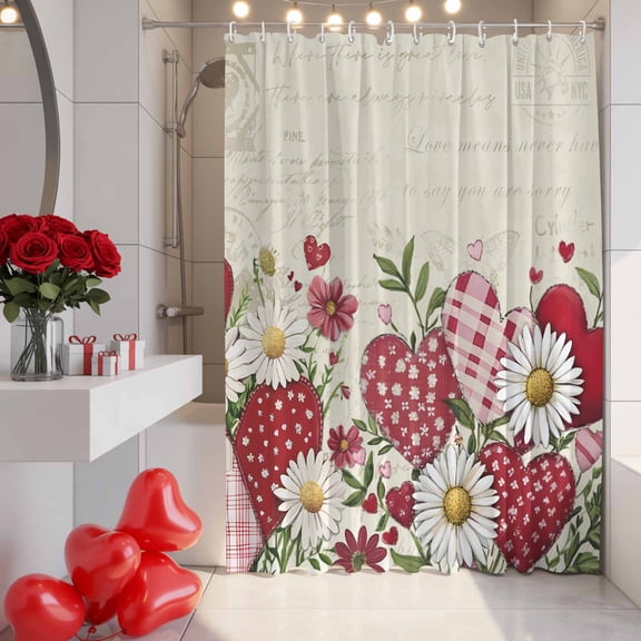 Love Heart Daisy Leaf Shower Curtain, 36" x 72", Valentine's Day Old Newspapers Waterproof Bathroom Curtain Washable Shower Curtain Set with 12 Hooks