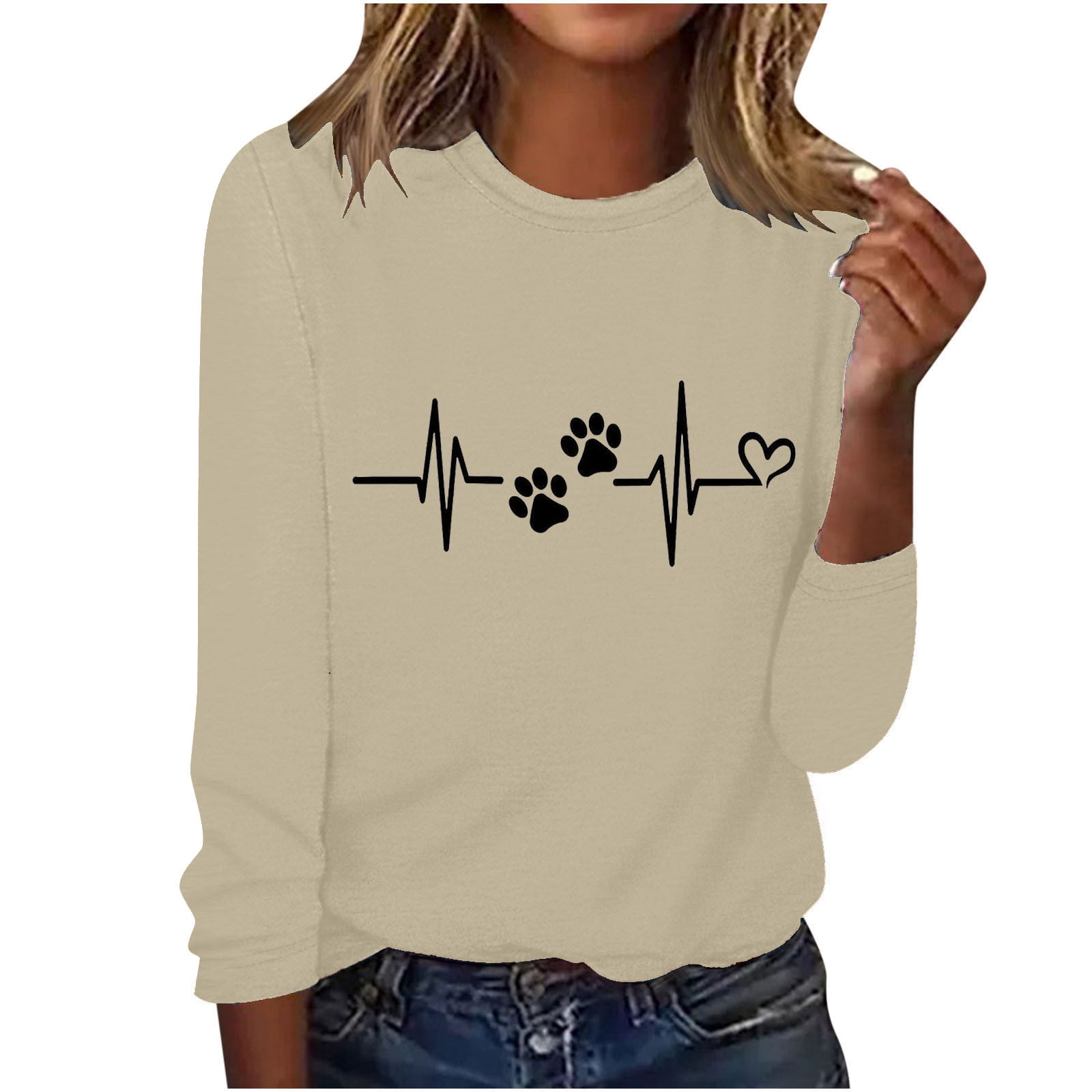 Love Heart Dog Paw Print T Shirts Women Long Sleeve Pullover Tops Casual Blouse Heartbeat Graphic Dog Mom Gift Tees