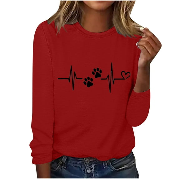 Love Heart Dog Paw Print T Shirts Women Long Sleeve Pullover Tops Casual Blouse Heartbeat Graphic Dog Mom Gift Tees