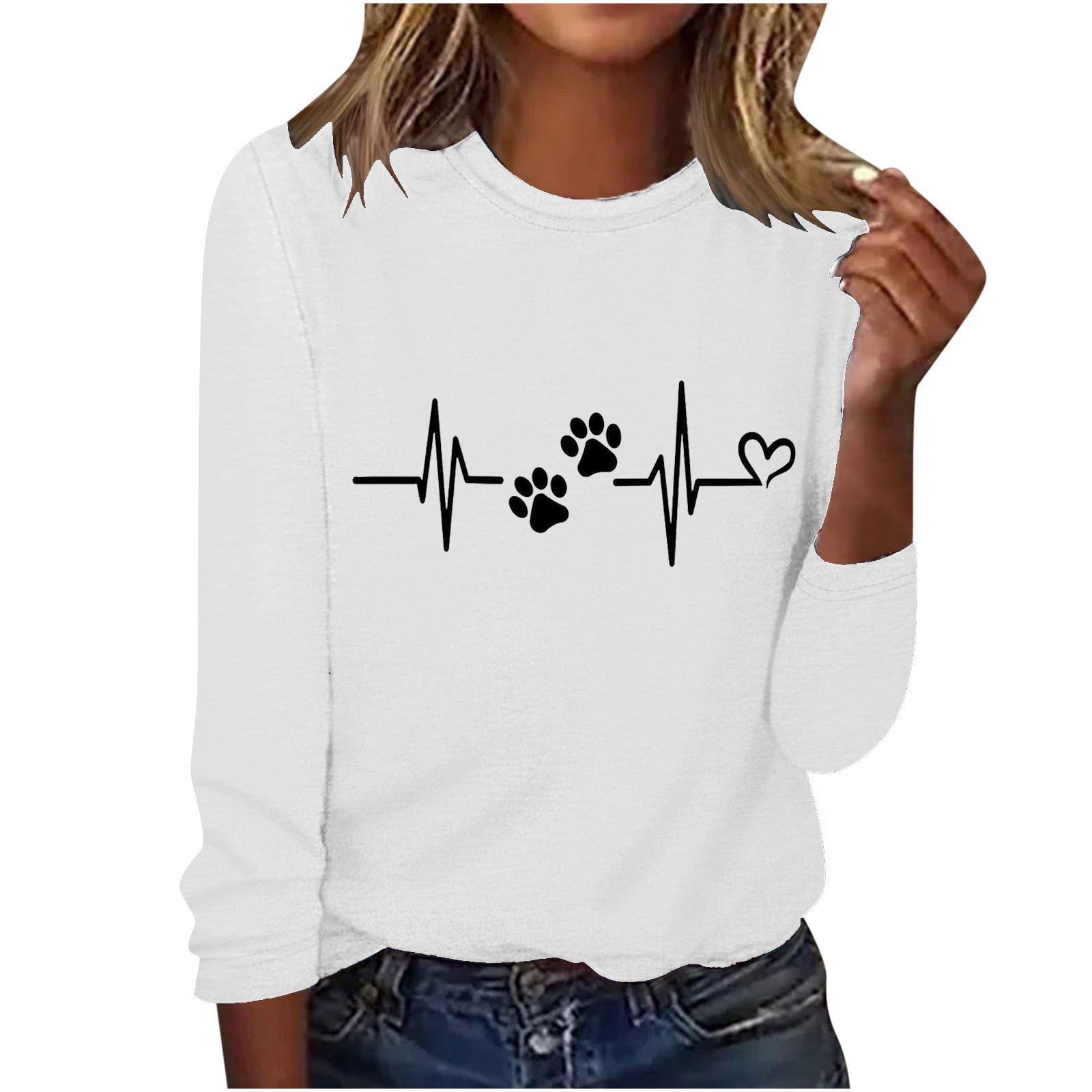 Love Heart Dog Paw Print T Shirts Women Long Sleeve Pullover Tops Casual Blouse Heartbeat Graphic Dog Mom Gift Tees