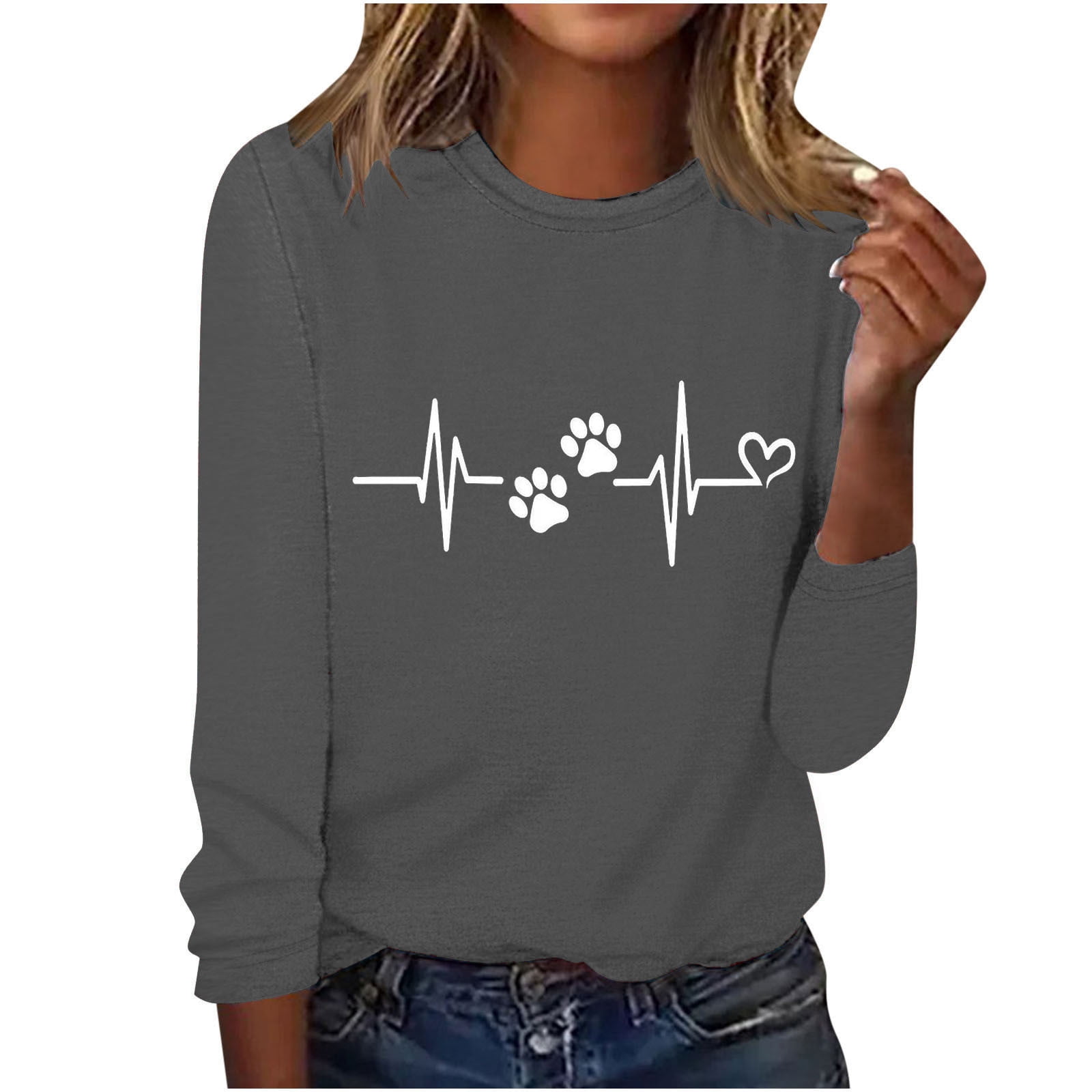Love Heart Dog Paw Print T Shirts Women Long Sleeve Pullover Tops Casual Blouse Heartbeat Graphic Dog Mom Gift Tees