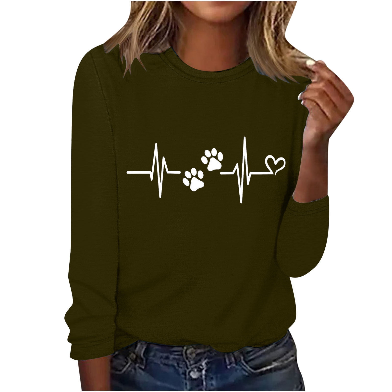 Love Heart Dog Paw Print T Shirts Women Long Sleeve Pullover Tops Casual Blouse Heartbeat Graphic Dog Mom Gift Tees