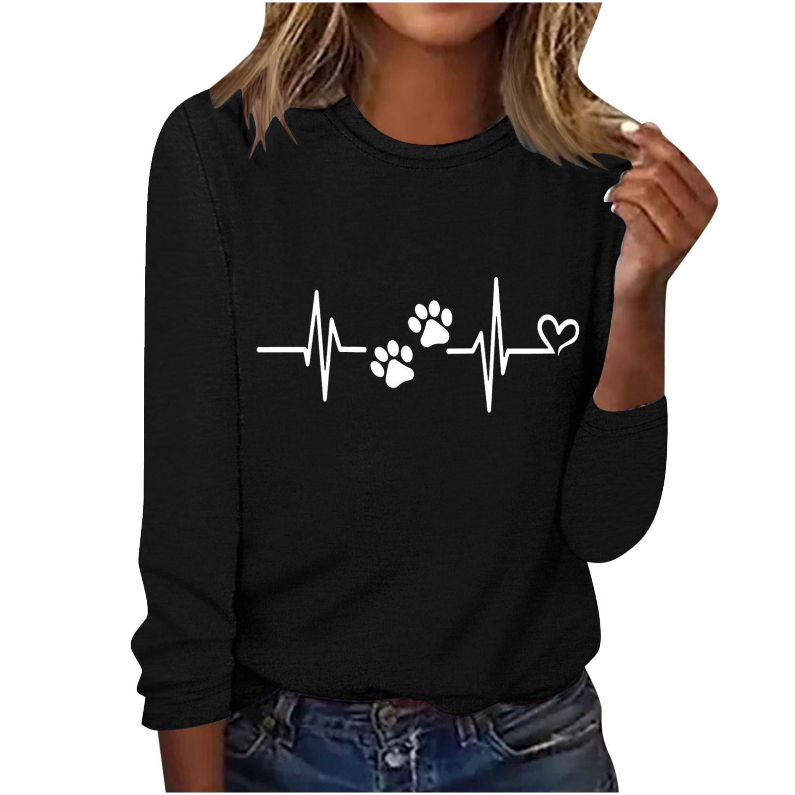 Love Heart Dog Paw Print T Shirts Women Long Sleeve Pullover Tops Casual Blouse Heartbeat Graphic Dog Mom Gift Tees