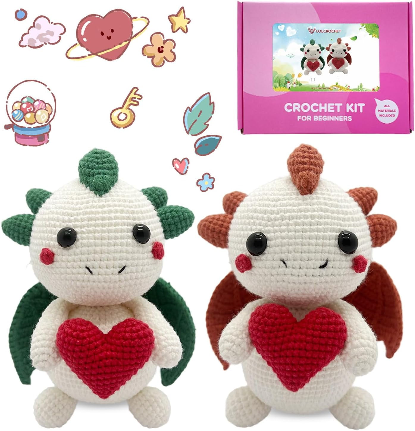 Love Heart Dragon Crochet Kit for Intermediate Beginners, 2 Pcs Animal Amigurumi Kit with Step-by-step Video Tutorial, Yarn Knitting Set for Kids Adults Crocheting Doll Xmas Gift