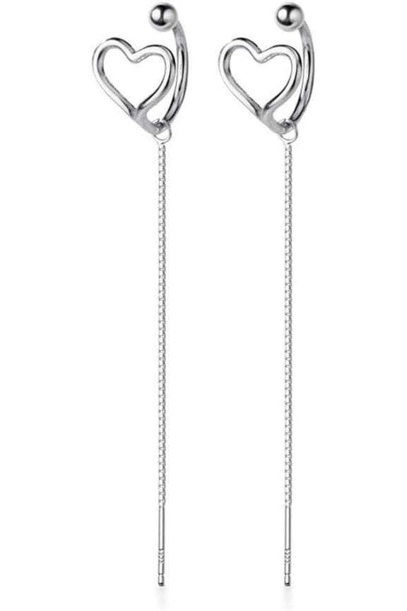 Love Heart Ear Cuffs Tassel Threader Dangling Earrings Sterling Silver for Women Dainty Long Chain Wrap Cartilage Earring Cute Jewelry Christmas Gifts