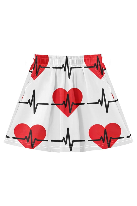 Love Heart Electric Wire Pattern Cotton Skirt Built-in Liner Elastic A-Line Flared Skirt with Pockets