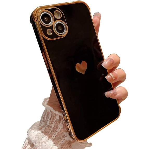 Love Heart Electroplated Nice Soft Slim TPU Case for Women Girls Compatible with iPhone Case (Black,iPhone 13 Pro Max)