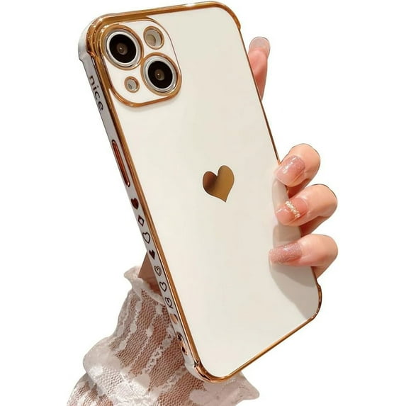 Love Heart Electroplated Nice Soft Slim TPU Case for Women Girls Compatible with iPhone Case (White,iPhone 15 Pro)