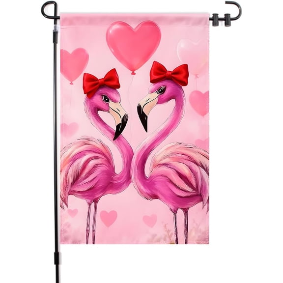 Love Heart Flamingo Garden Flag Cute Flamingo with Red Bow Yard Garden Flag Double Sided 12 x 18 Inch Seasonal Festive Sign for Winter Christmas Valentine's Day Home Outdoor Decor