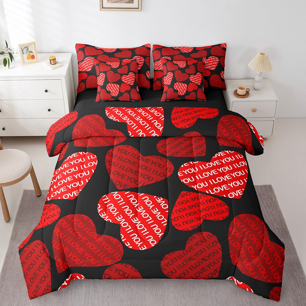 View of Love Heart Full Size Comforter Set,Vlaentine's Day 7 Pieces Full ...