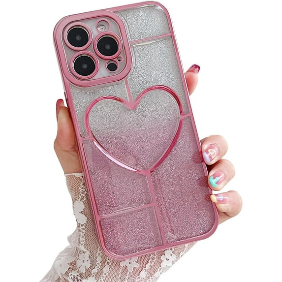 Love Heart Glitter Bling Gradient Electroplated Clear TPU Case for Women Girls Compatible with iPhone Case (iPhone 15 Pro Max,Pink)