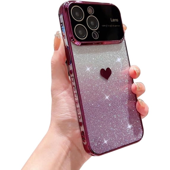 Love Heart Glitter Bling Large Window Gradient Electroplated Clear Case for Women Girls Compatible with iPhone Case (Purple,iPhone 15 Plus)