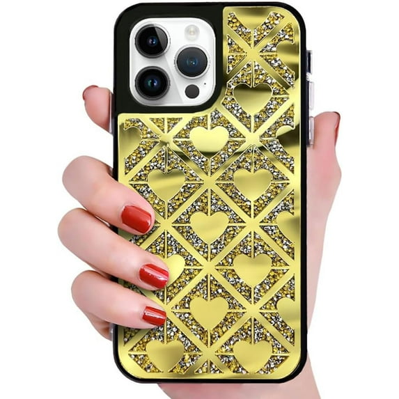 Love Heart Glitter Bling Mirror Grid Luxury Aesthetic TPU Case Compatible with iPhone Case (Gold,iPhone 14 Pro Max)