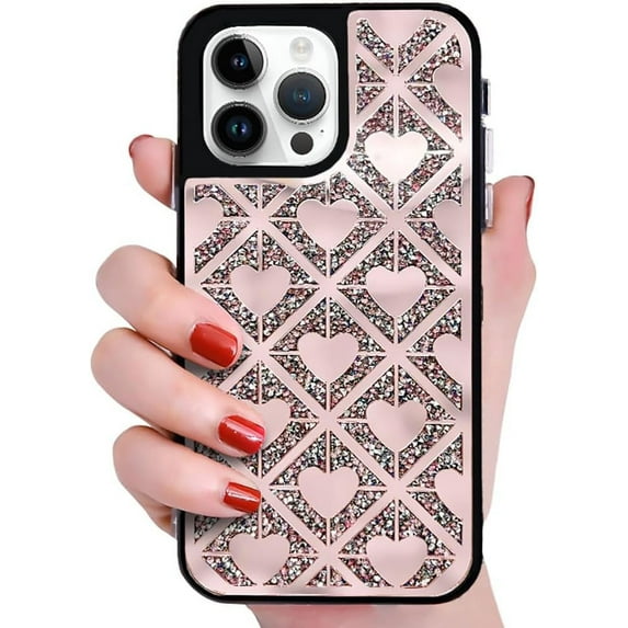 Love Heart Glitter Bling Mirror Grid Luxury Aesthetic TPU Case Compatible with iPhone Case (Pink,iPhone 14 Plus)