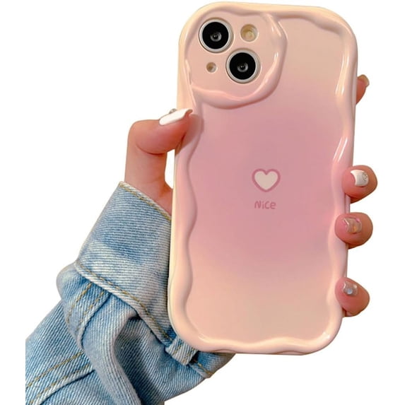 Love Heart Gradient Curly Wave TPU Case Compatible with iPhone Case (Pink,iPhone 15 Pro Max)