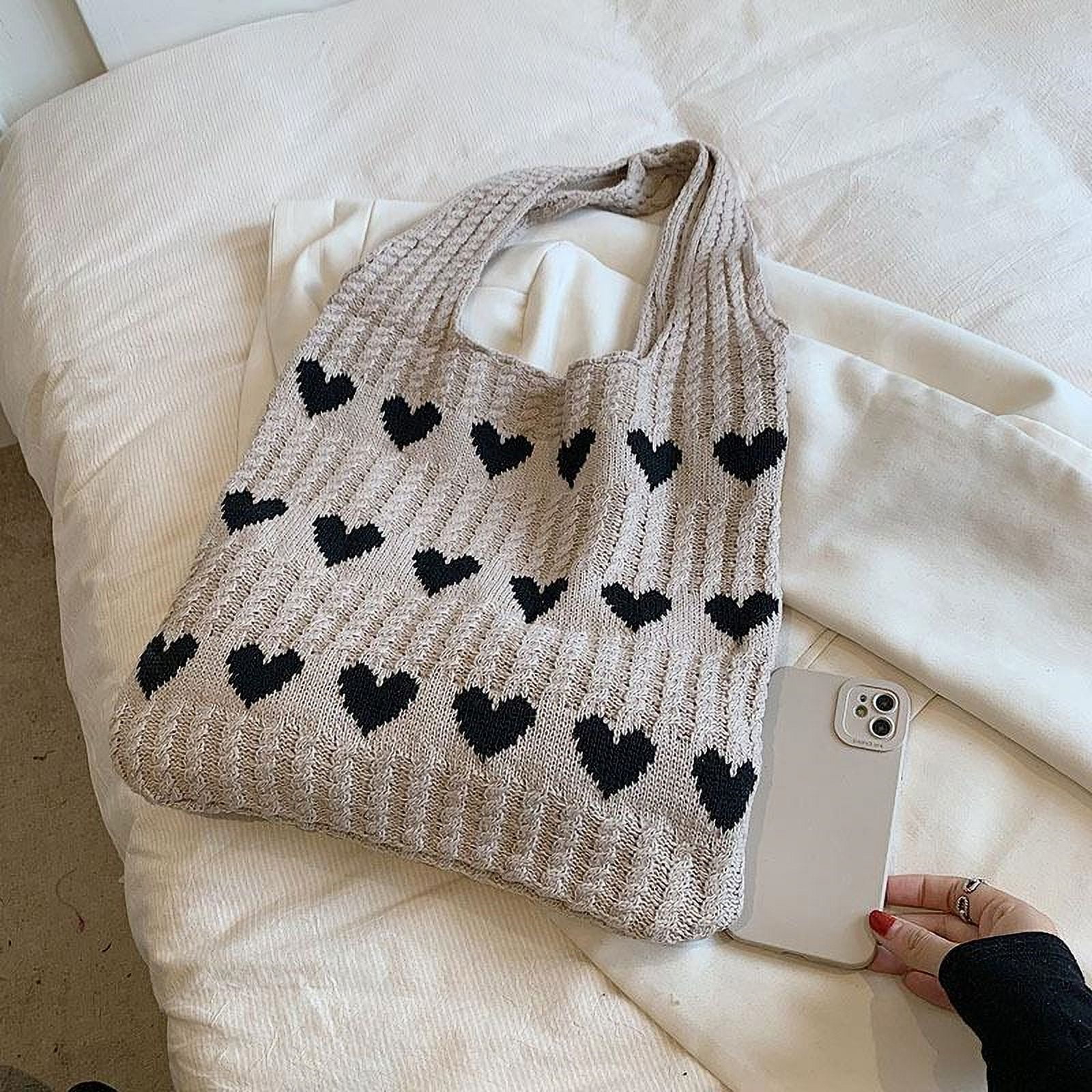 Love Heart Graphic Knitted Tote Bag Fashion Woven Shoulder Bag Aesthetic Crochet Bag For Women
