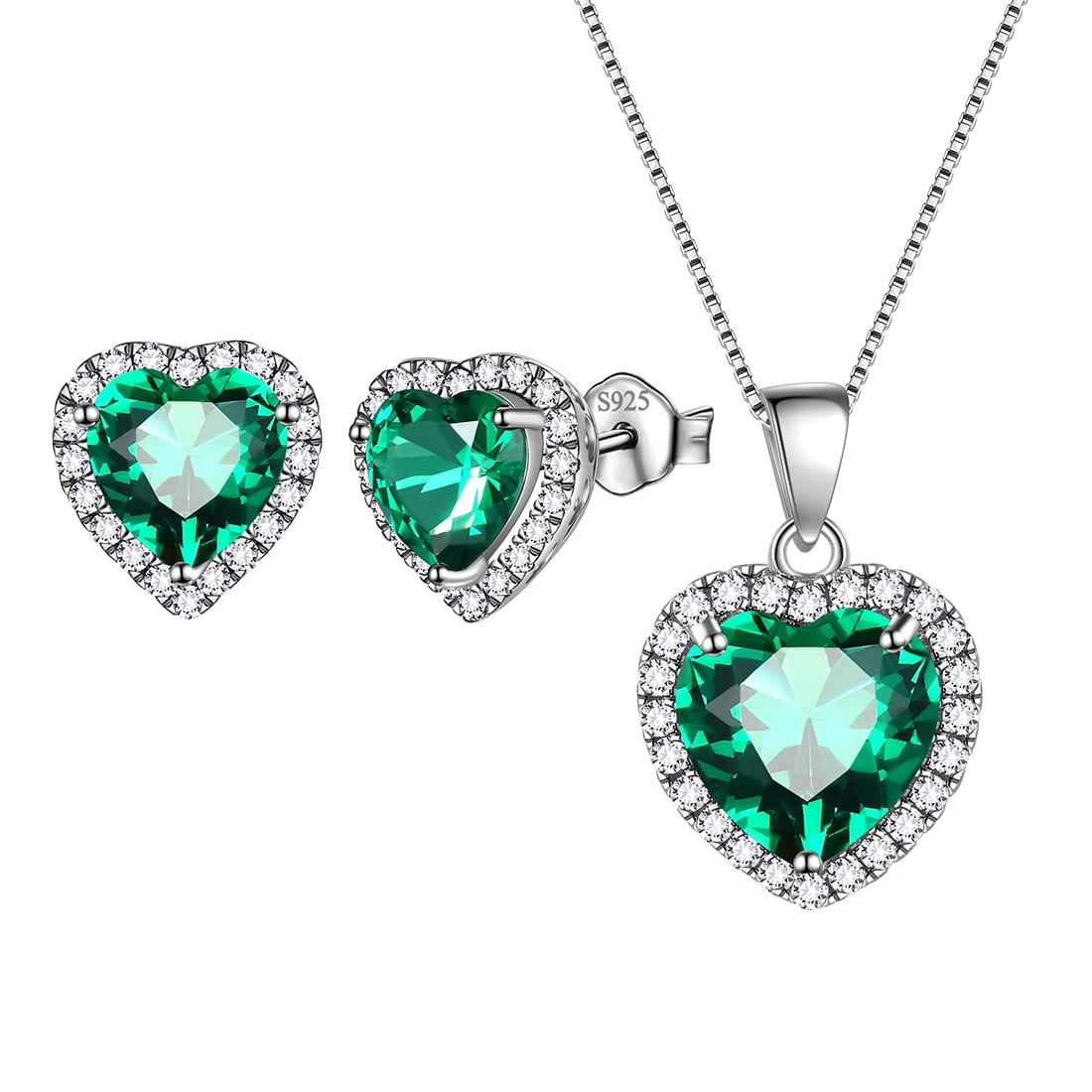 Love Heart Jewelry Set Earrings Necklace Emerald May Birthstone Green