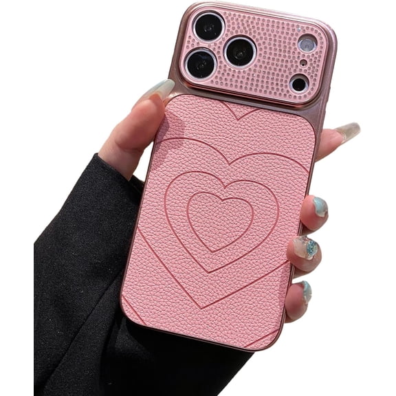 Love Heart Leather Back Bling Glitter Camera Protect Phone Case for iPhone (Pink,iPhone 15 Pro)