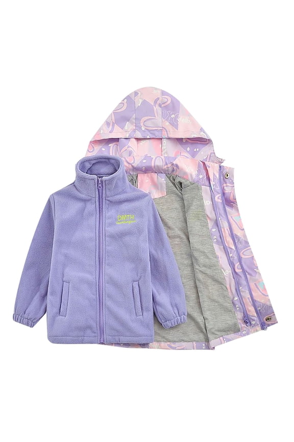 Love Heart Letter Print Kids Insulated Outerwear, Girls 3-in-1 Coat Kids Insulated Outerwear Girls 3-in-1 Windbreaker Jacket Kids Detachable Coat Removable Hood Kids Jacket, Purple 130
