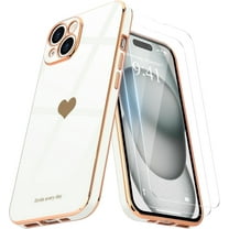 Love-Heart Luxury Case for Apple iPhone 14 Heart Case, Cute Design Shiny Bling Cover, 3 in 1 Bundle Case with 2 PACK Clear Tempered Glass for Apple iPhone 14 for Women Girls, White