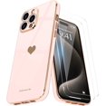 thumbnail image 1 of Love-Heart Luxury Case for Apple iPhone 14 Pro Max Heart Case, Cute Design Shiny Bling Cover, 3 in 1 Bundle Case with 2 PACK Clear Tempered Glass for Apple iPhone 14 Pro Max for Women Girls, Rose, 1 of 7