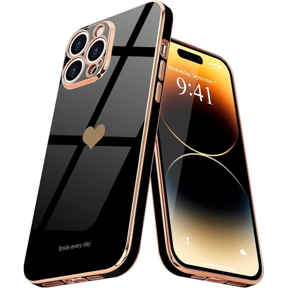 Entronix Heart Case Compatible with iPhone 14 Pro Max, Glossy Cute Cover, Black